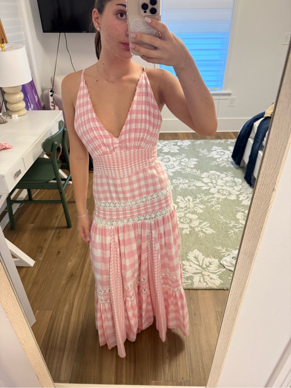 LoveShackFancy Pink Gingham Lace-Trim Maxi Dress